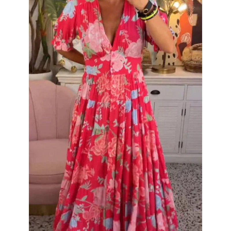 Savora™ – V-Neck Colorful Floral Maxi Dress